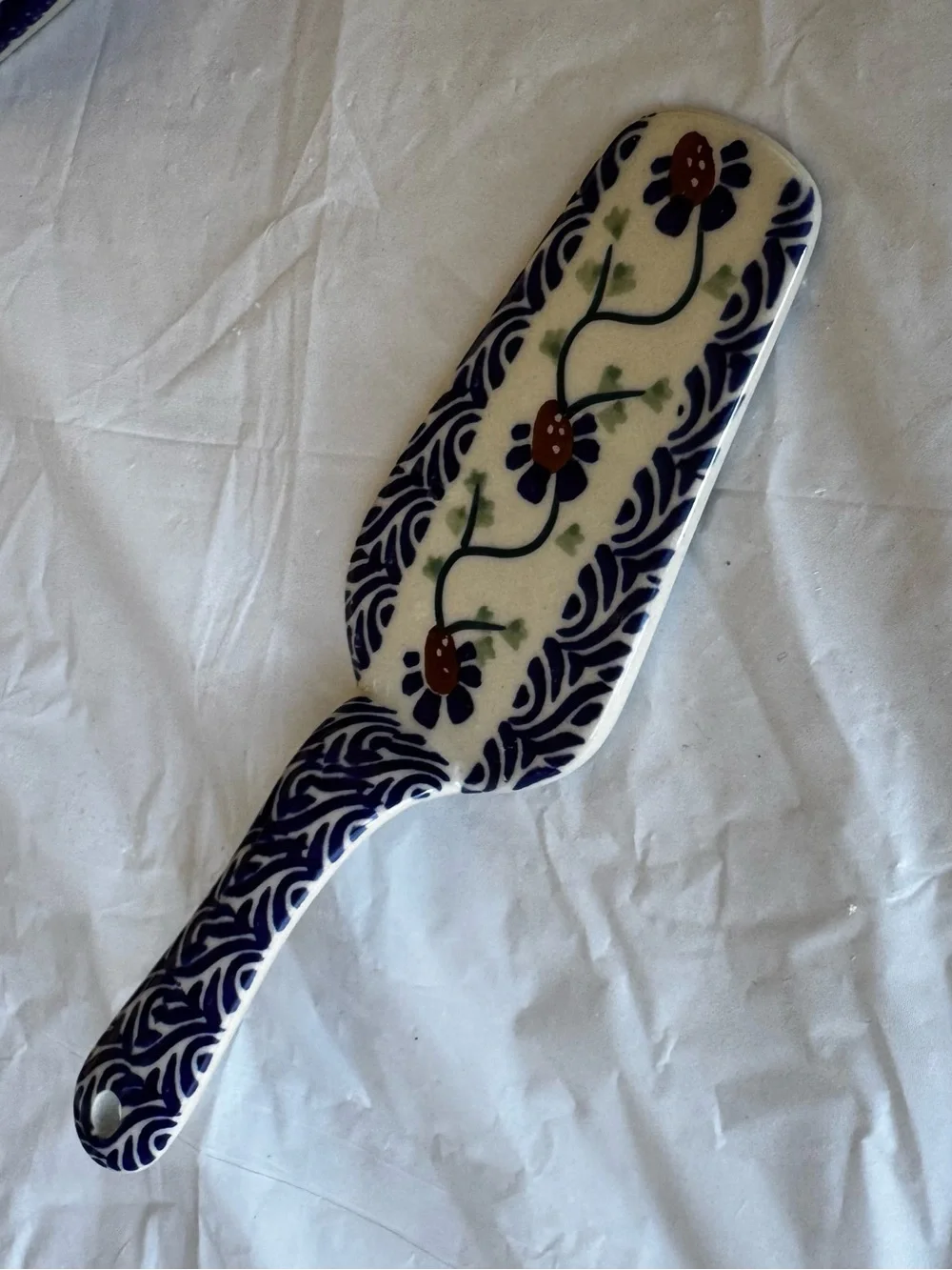 Polish Pottery Blue and White Ceramic Floral Spatula - Decorative